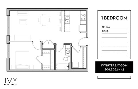 Floor plan for 1 bed, 1 bath, 688 sqft